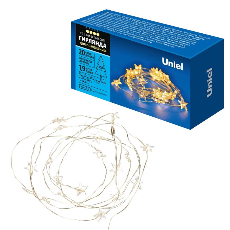 Гирлянда ULD-S1900-020/STB/2AA WARM WHITE IP20 STARS MINI "Звездочки мини" 2AA (не в/к) 1.9м 20 LED провод прозр. Uniel UL-00008619