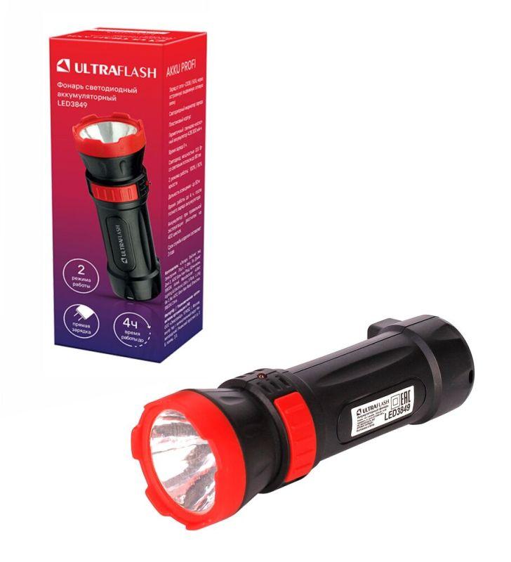 Фонарь аккумуляторный LED3849 1 LED 2 режима 220В аккум. SLA пластик черн. Ultraflash 14931