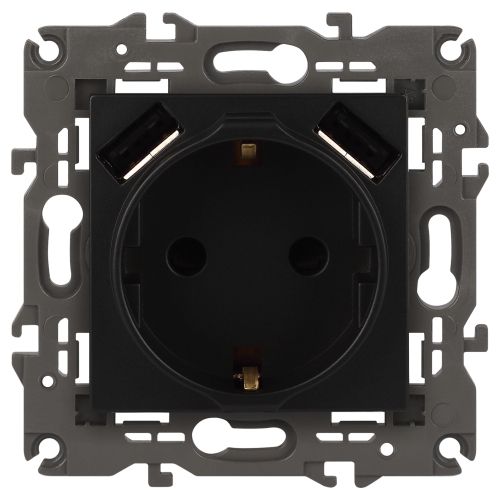 Розетка 16А 250В 2P+E с 2хUSB 5В-3А защ. шторки Elegance антрацит 14-4109-05 ЭРА Б0047871