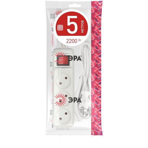 Удлинитель 3х5м без заземл. 10А IP20 U-3s-5m-2х1 ПВС 2х1 с выкл. Эра Б0044051