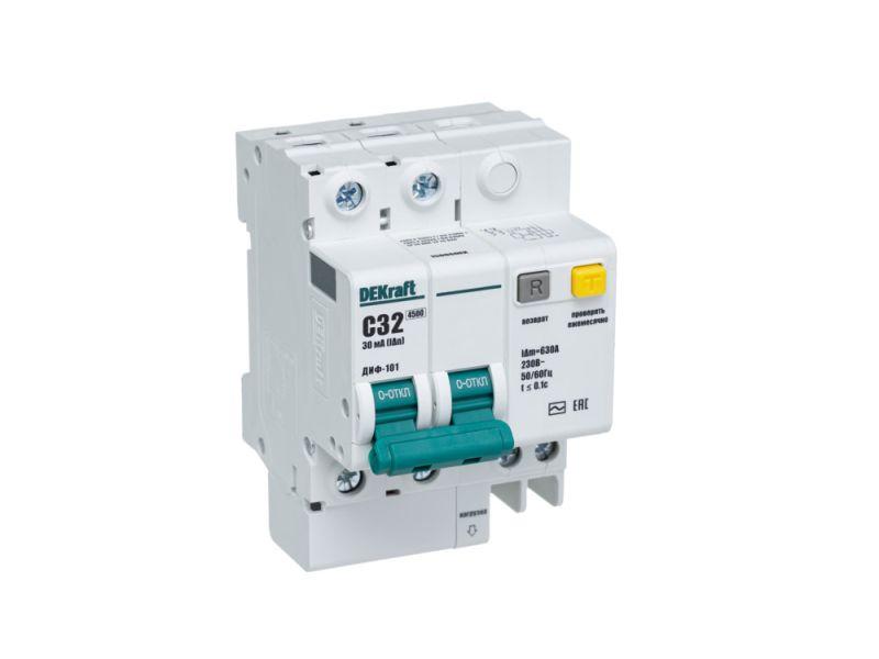 Выключатель автоматический дифференциального тока 2п C 32А 30мА тип AC 4.5кА ДИФ-101 4.5мод. DEKraft 15006DEK