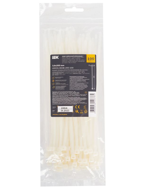 Хомут кабельный 3.6х200 нейл. бел. (уп.100шт) IEK UHH31-D036-200-100