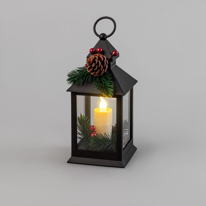 Фонарь декоративный 10.7х10.7х23.5см тепл. бел. со свечкой и шишкой корпус черн. Neon-Night 513-047