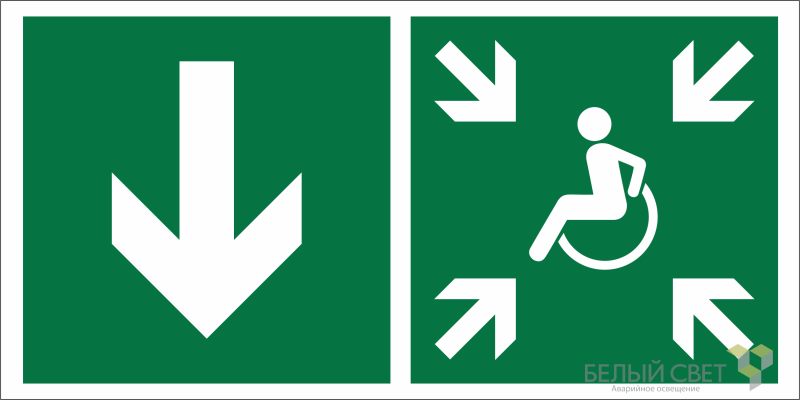 Знак безопасности NPU-3015.E79"Указ. двери пункта сбора(безоп.зоны)МГН(лев.)" Белый свет a25535