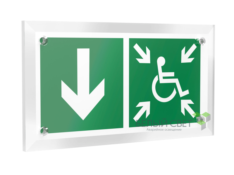Знак безопасности PT-12228.E79"Указ. двери пункта сбора(безоп.зоны)МГН(лев.)" Белый свет a20932