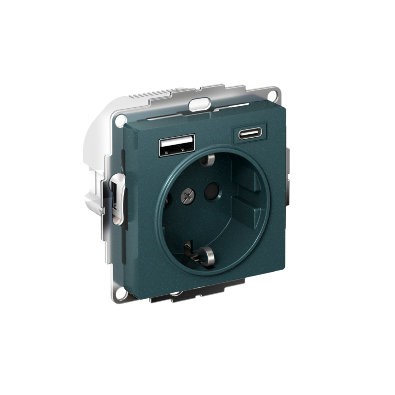 Розетка AtlasDesign 16А с 2-мя заряд. устройствами USB тип A+C 5В/2.4А 2х5В/1.2А механизм изумруд SE ATN000832