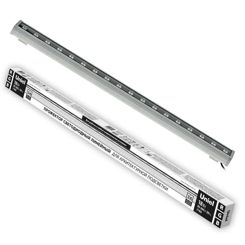 Прожектор светодиодный ULF-L52-18W/RGB/L100 220V IP65 SILVER линейный 1000мм RGB алюм. Uniel UL-00008363