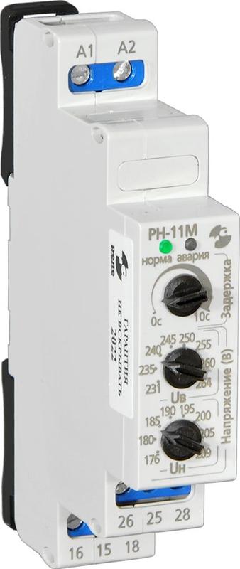 Реле контроля напряжения РН-11М 110В 50Гц контроль однофазной сети по верхнему и нижнему порогам срабатывание с выдержкой времени 0.1...10с ток контактов исполнительного реле 8А 2п УХЛ4 Реле и Автоматика A8223-80108493