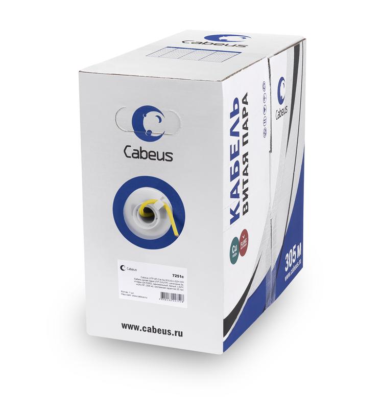 Кабель витая пара U/UTP кат.5E 4х2х24AWG solid PVC нг(А)-LS UTP-4P-Cat.5e-SOLID-YL желт. (уп.305м) Cabeus 7251c