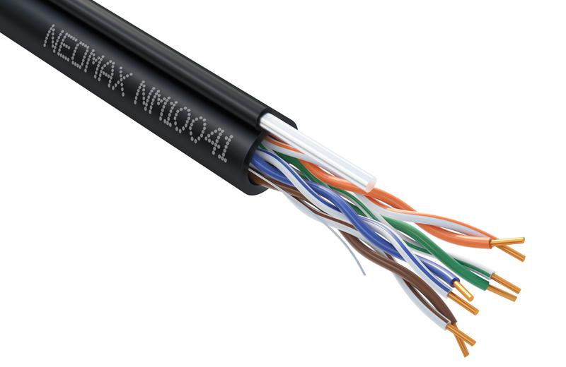 Кабель витая пара U/UTP кат.5E 4х2х24AWG (0.50мм) solid CU PE + трос OUTDOOR черн. (NM10041) (уп.305м) NEOMAX 1198420