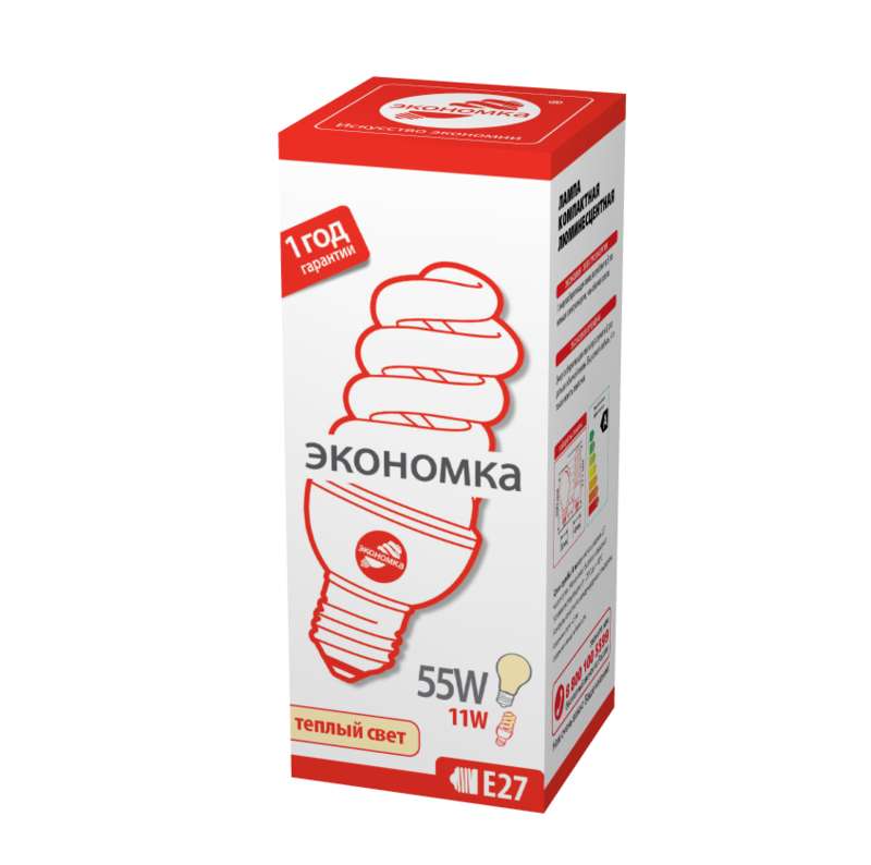 Лампа люминесцентная компакт. SPC 11Вт E27 спиральная 2700К T3 ЭКОНОМКА LKsmSPC11wE2727eco