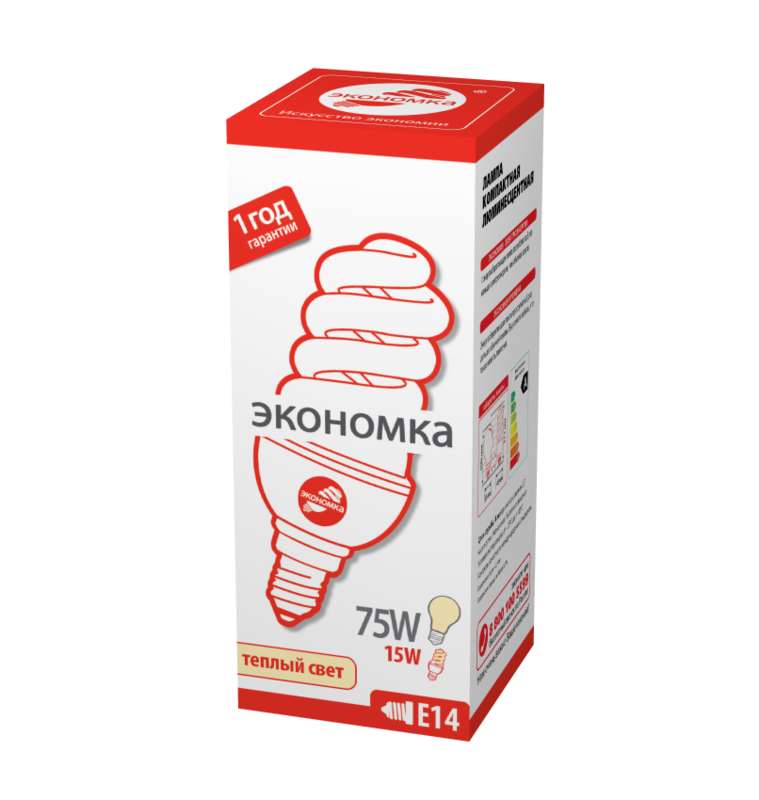 Лампа люминесцентная компакт. SPC 15Вт E14 спиральная 2700К T3 ЭКОНОМКА LKsmSPC15wE1427eco
