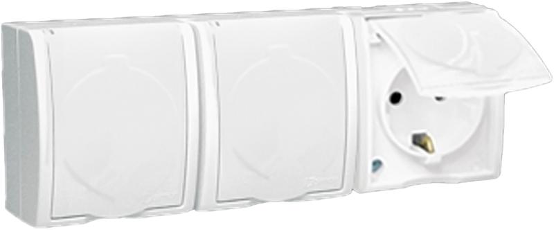 Розетка 3-м ОП Simon15 16А IP54 250В с заземл. Schuko защ. шторки с крышкой винт. клеммы бел. Simon 1594447-030