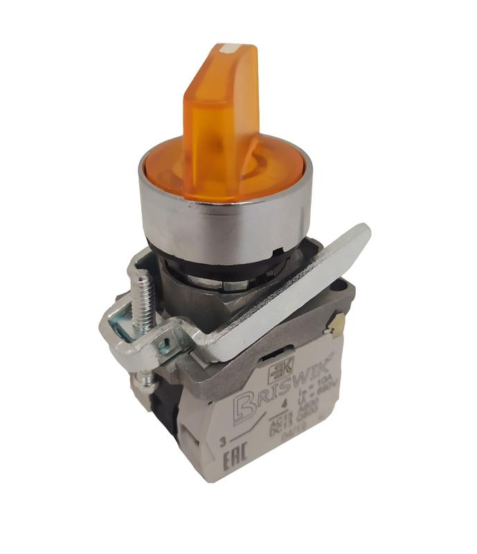 Переключатель КПЕ-1120-РЛС УХЛ2 2НО+НЗ 10А IP40 24В рукоятка на 2 положения с фиксацией с индикацией основ. метал. d посадочного отверст. 22мм желт. ЭЛЬКОМ A8012-79684174