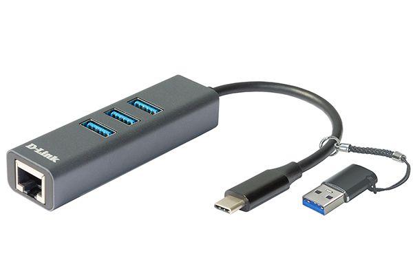 Адаптер сетевой DUB-2332/A1A Gigabit Ethernet/USB Type-C (3 порта USB 3.0 + переходник USB Type-C/USB Type-A) D-link 1870303