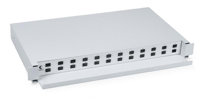 Кросс бокс оптический ODF-19-24-SC 19дюйм на 24 SC LC duplex со сплайс-кассетой выдвижной без пигтейлов и проходных адаптеров Cabeus 7302c