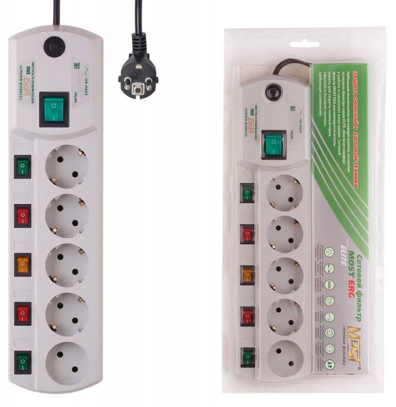 Удлинитель с сетевым фильтром 5х5м ERG бел. (коробка) MOST 599876