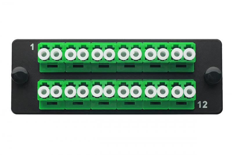 Комплект планка Q-SLOT с 12 адаптерами дуплекс LC OS2 APC монтаж. шнуры КДЗС Eurolan 38M-S2-2L-12BL-A