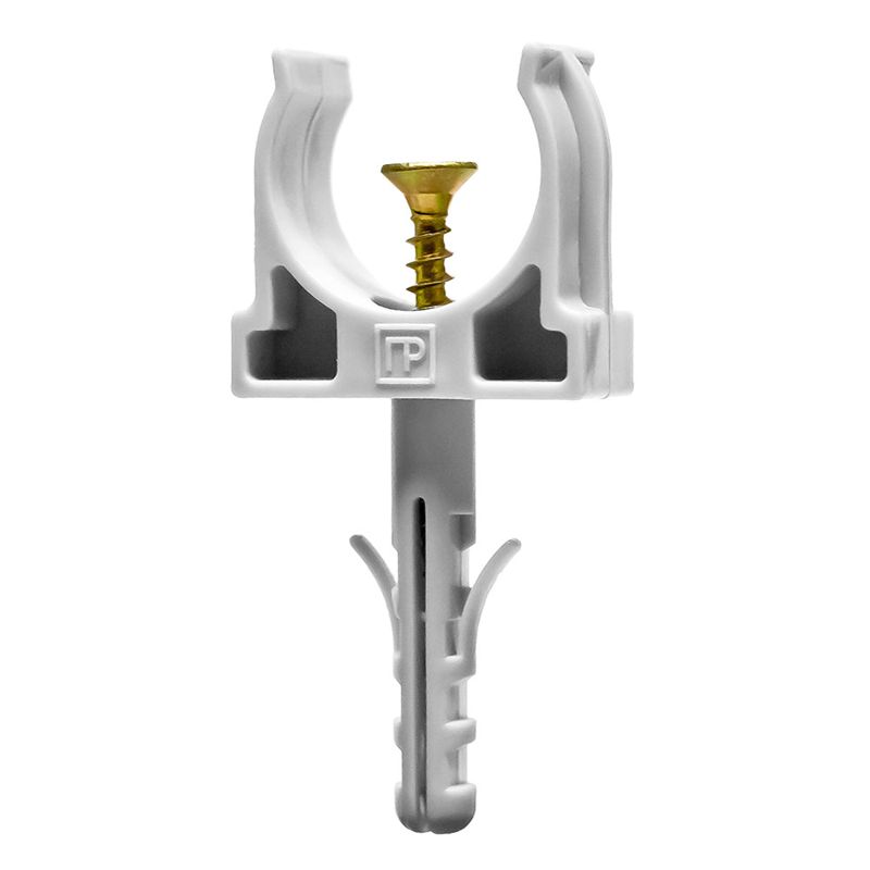 Держатель для труб (клипса) d20мм с дюбелем и саморезом сер. Промрукав PR13.0216