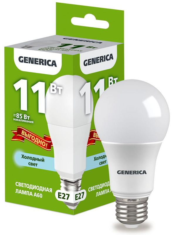 Лампа светодиодная A60 11Вт грушевидная 6500К E27 230В промо GENERICA LL-A60-11-230-65-E27-G