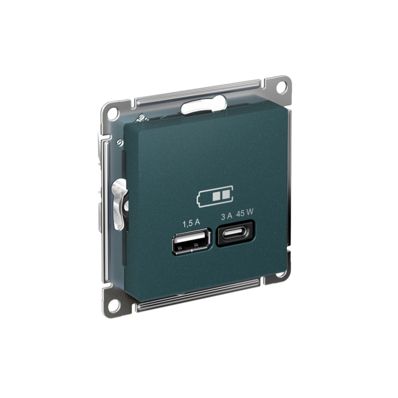 Розетка USB AtlasDesign тип A+C 45Вт QC PD высокоскор. ЗУ механизм изумруд SE ATN000829