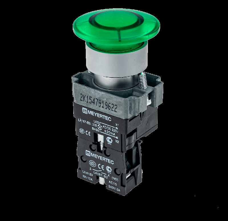 Кнопка грибовидная с LED подсветкой без фиксации 220В AC/DC 1NO зел. d40 мм MTB2-BW3633 ОВЕН 59642