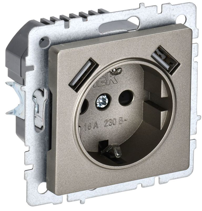Розетка BRITE РЮш10-2-БрШ 16А с USB A+A 3.1А с заземл. защ. шторки механизм шампань IEK BR-R14-16-U21-D31-K37