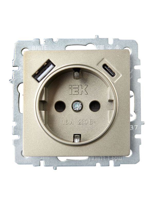 Розетка BRITE РЮш11-1-БрШ 16А с USB A+C 18Вт с заземл. защ. шторки механизм шампань IEK BR-R14-16-U22-018-K37