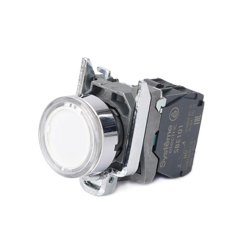 Кнопка модульная SB4 с подсветкой в сборе 22мм металл 230-240ВAC 1НО бел. SE SB4BW31M1