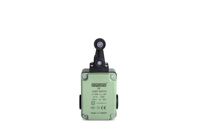 Выключатель концевой быстрого переключения угловой 2-х направленный с пластмас. консолью и пластмас. роликом Ф20мм (1НО+1НЗ) EMAS L1K13MEP121