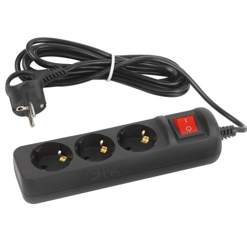 Удлинитель 3х3м с заземл. 10А с выкл. ПВС 3х0.75 черн. UX-3es-3m-B Эра Б0057728