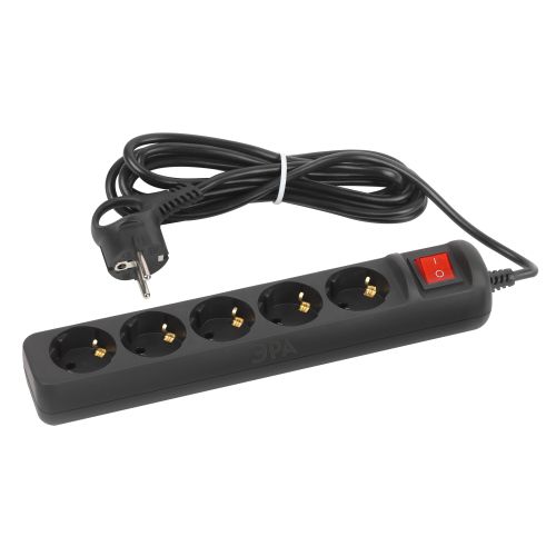 Удлинитель 5х1.5м с заземл. с выкл. ПВС 3х0.75 черн. UX-5es-1.5m-B Эра Б0057730