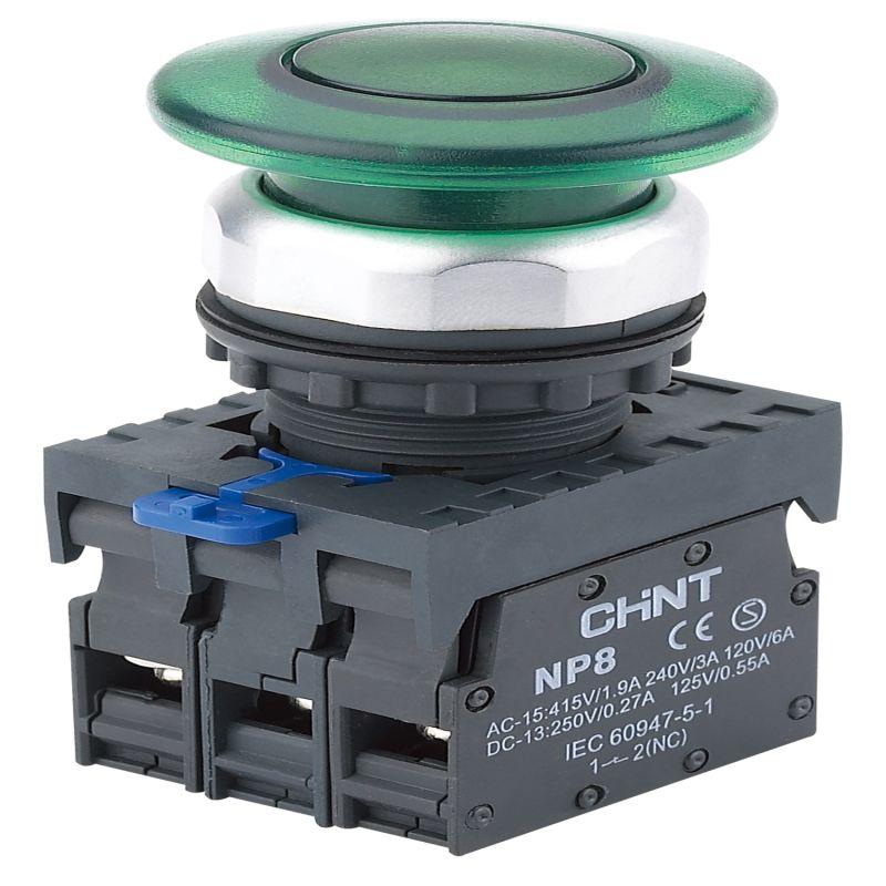 Кнопка управления "Грибок" d40мм NP8-20MD/13 2НЗ IP65 AC110-230В с самовозвратом с подсветкой зел. (R) CHINT 667601