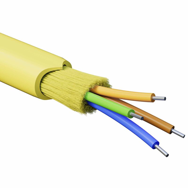 Кабель волоконно-оптический распределительный арамидные упрочняющие нити для внутренней прокладки нг(A)-HFLTx 4 ОВ категорияOS2 (G.652.D) плотный буфер 0.4кН барабан 2000м DKC RNDT9C4YL03