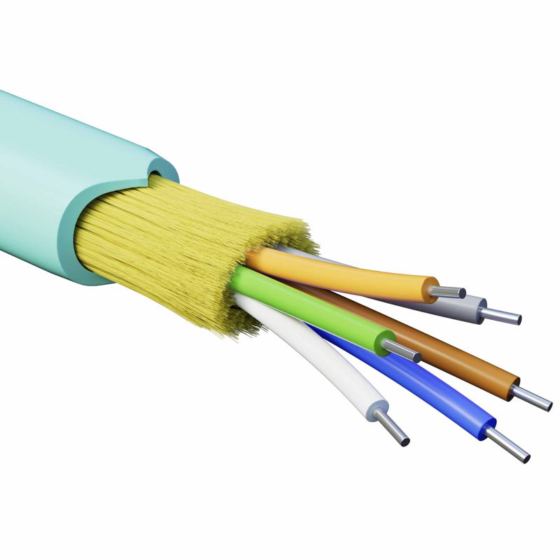 Кабель волоконно-оптический распределительный арамидные упрочняющие нити для внутренней прокладки нг(А)-HF 6 ОВ категория OM3(G.651.1) плотный буфер 0.4кН барабан 500м DKC RNDT3C6AQ01-E