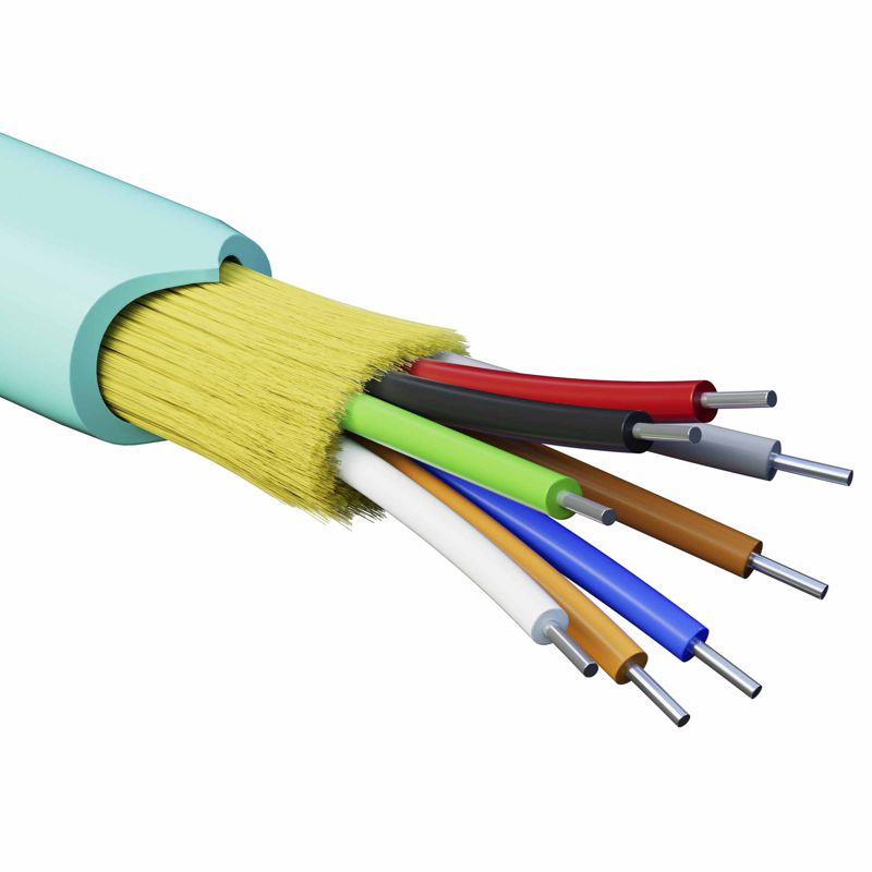 Кабель волоконно-оптический распределительный арамидные упрочняющие нити для внутренней прокладки нг(A)-HFLTx 8 ОВ категорияOM3 (G.651.1) плотный буфер 0.4кН барабан 2000м DKC RNDT3C8AQ03