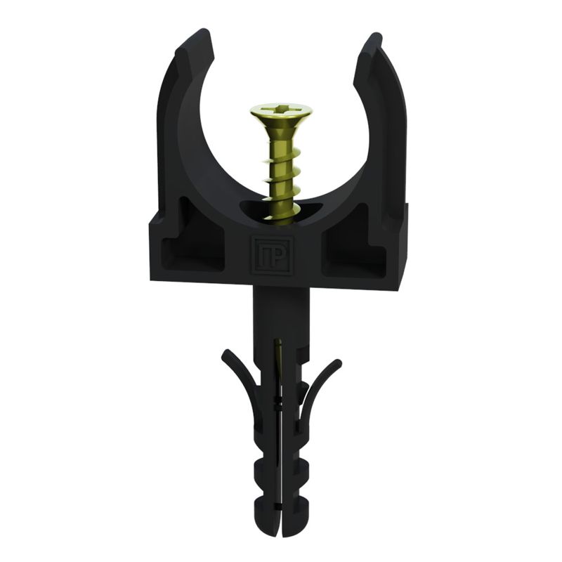 Держатель для труб (клипса) d25мм с дюбелем и саморезом черн. (уп.100шт) Промрукав PR13.0221