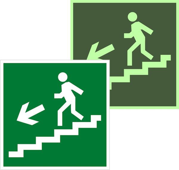 Знак эвакуационный E 14 "Направление к эвакуационному выходу по лестнице вниз налево" 200х200мм пленка самоклеящаяся с фотолюминесцентным покрытием EKF an-e-14-f