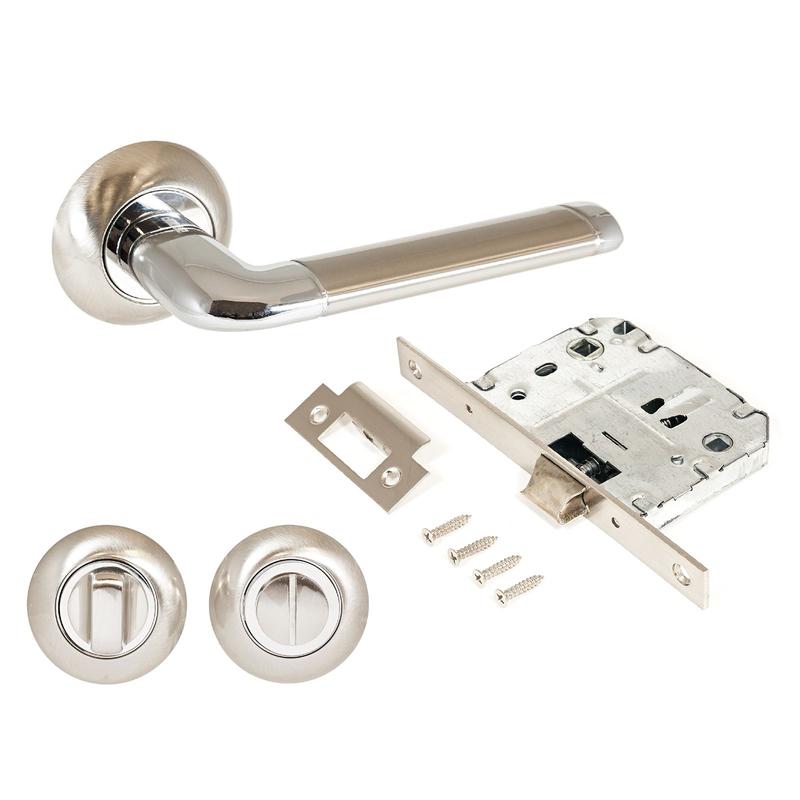 Комплект ручек и защелка с фикс АРТ "ПОЛО" SN/CP+L7050S SN+BK-R1 SN (1582/S7050) матов. никель/хром Аллюр 14 663