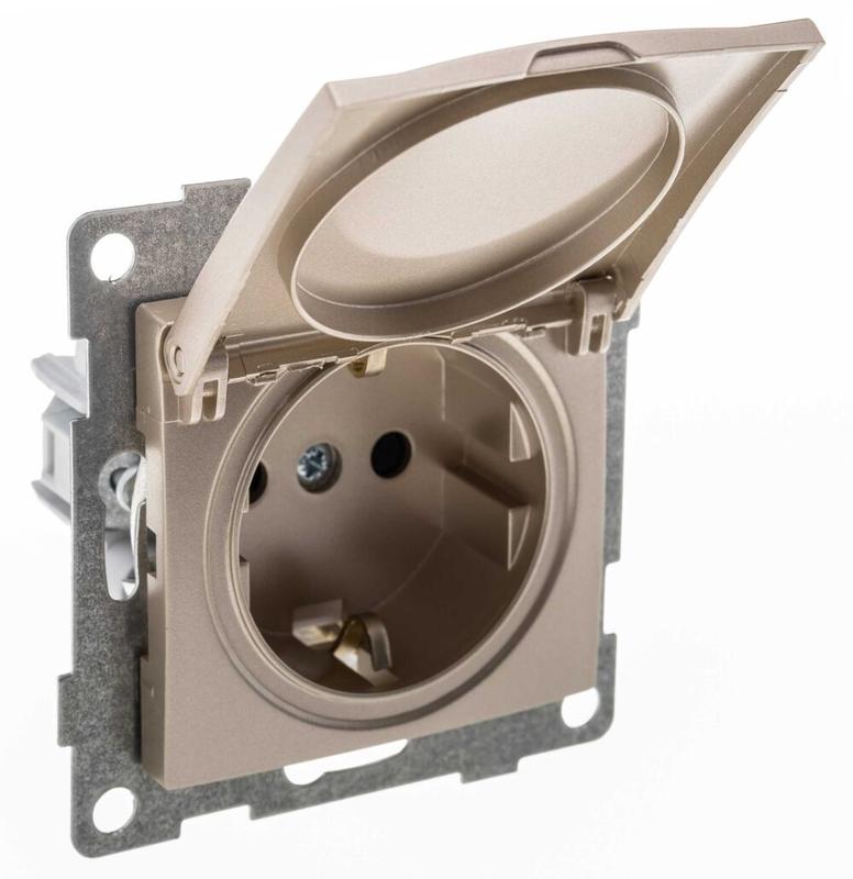 Механизм розетки 1-местн. с/з с з/ш и крышкой СП Bravo 16А IP20 250В шампань GUSI С10Р91-027
