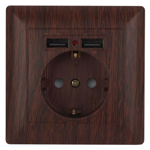 Розетка 1-м СП Solo 4-410-10 P+E Schuko 16А 250В + 2хUSB IP20 с заземл. защ. шторки венге Intro Б0053719
