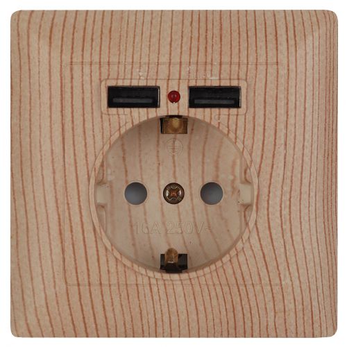 Розетка 1-м СП Solo 4-410-11 P+E Schuko 16А 250В + 2хUSB IP20 с заземл. защ. шторки сосна Intro Б0053720