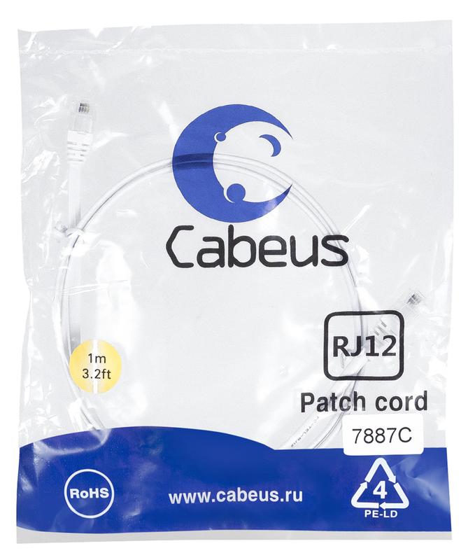 Патч-корд телефонный PC-TEL-RJ12-1m 2х6р4с PVC 1м бел. Cabeus 7887c