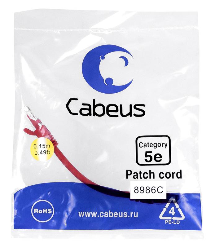Патч-корд U/UTP кат.5E PC-UTP-RJ45-Cat.5e-0.15m-RD 2xRJ45/8p8c неэкранир. PVC 0.15м красн. Cabeus 8986c