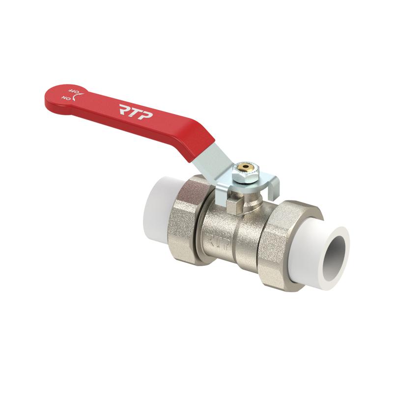 Кран шаровой ручка рычаг латунь с двумя переходами на трубу PPR 20 никель (инд. упак.) RTP 37858