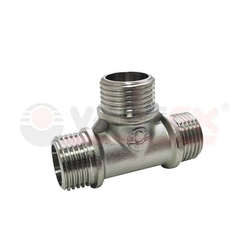 Тройник никелированный переходной с наружной резьбой НР 1/2дюйм- НР 3/4дюйм- НР 3/4дюйм (70/10) VALFEX VF.131.N.034