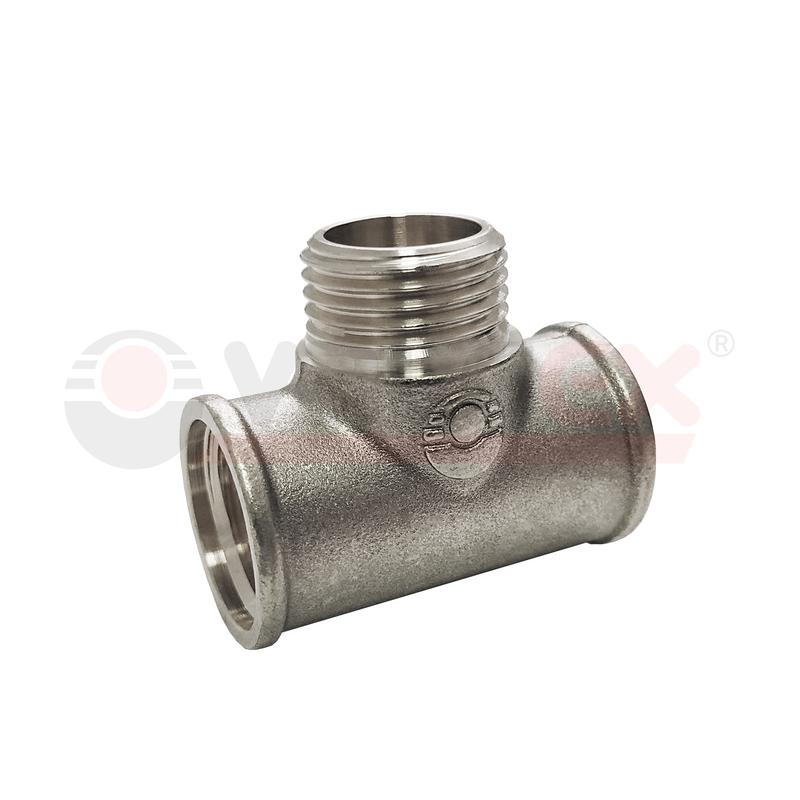 Тройник никелированный переходной с переходом на наружную резьбу ВР3/4дюймхНР1/2дюймхВР1/2дюйм (80/10) VALFEX VF.132.N.034.012.012