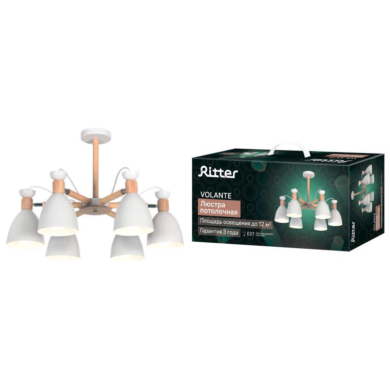 Люстра VOLANTE 6хE27 650х430мм 12кв.м потолочная метал. бел./дерево Ritter 52595 0