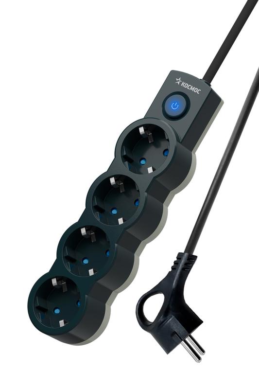 Удлинитель 4х3м с заземл. 10А IP20 2200Вт 220В защ. шторки ПВС 3х1 с выкл. черн. КОСМОС YKsm3m-4g-Z-V10A-B