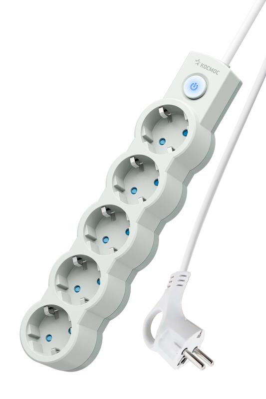 Удлинитель 5х3м с заземл. 10А IP20 2200Вт 220В защ. шторки ПВС 3х1 с выкл. бел. КОСМОС YKsm3m-5g-Z-V10A-W